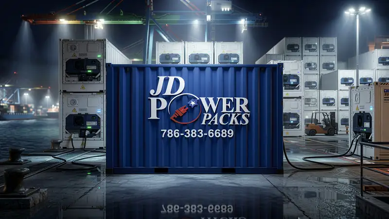 JD Power Packs branded container generator in a refrigerated container yard at night.