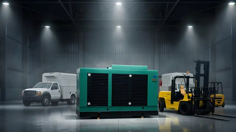 Enclosed diesel genset in a warehouse next to a service truck and a forklift.