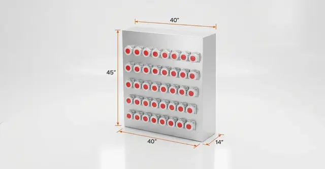 Multi-reefer distribution box with rows of red receptacles and dimension marks.