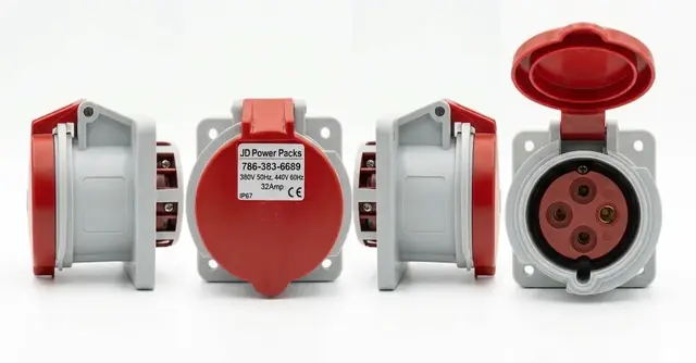 Red and grey heavy-duty industrial reefer receptacles with JD Power Packs labels.